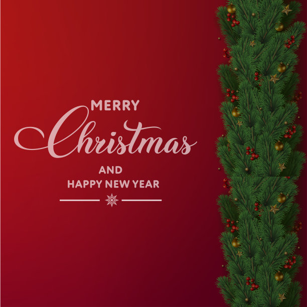 圣诞快乐和新年贺卡与树枝和装饰品在红色的背景。向量。图片下载