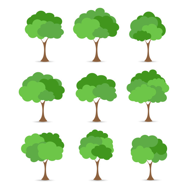 绿树肥沃的白色背景上的各种形式，设置各种树集，树木装饰花园和家庭设计。矢量插图和图标图片下载