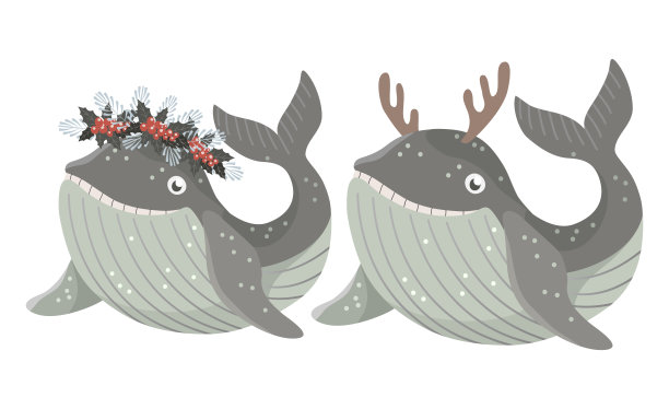 一组孤立的小鲸鱼，戴着冬季花的花环和鹿角。矢量图图片下载
