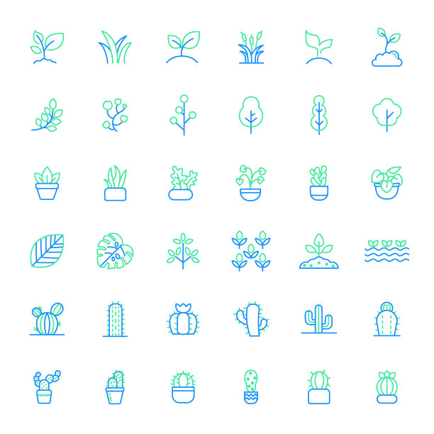 一套植物和仙人掌图标线条风格。图片下载