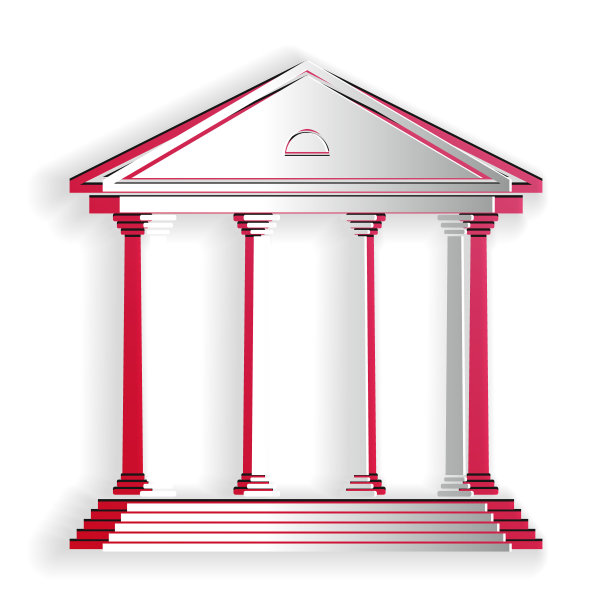 白色背景上孤立的法院大楼图标。建造银行或博物馆。纸艺术风格。向量图片下载