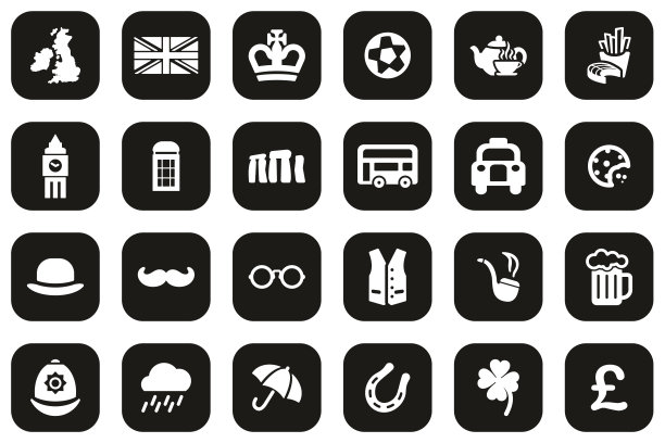 英国国家和文化图标白色在黑色的平面设计设置大图片下载