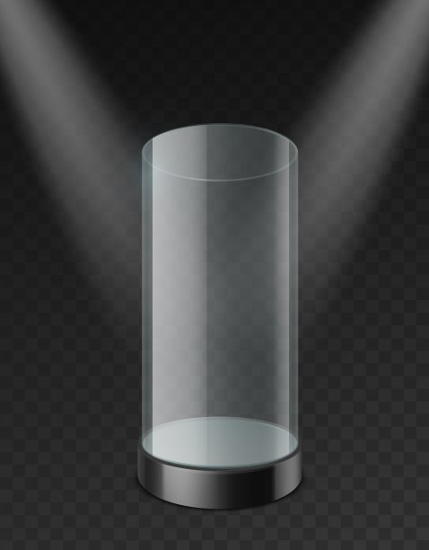 玻璃量筒展示。清晰的塑料情况下聚光灯下逼真的模型。在透明的背景上展示产品和展览的三维矢量模板图片下载