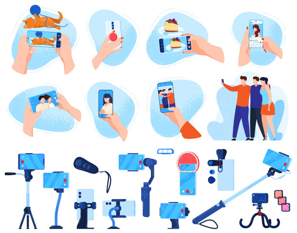 图片拍摄矢量插图集，卡通平面移动智能手机摄影和数码相机设备收集图片下载