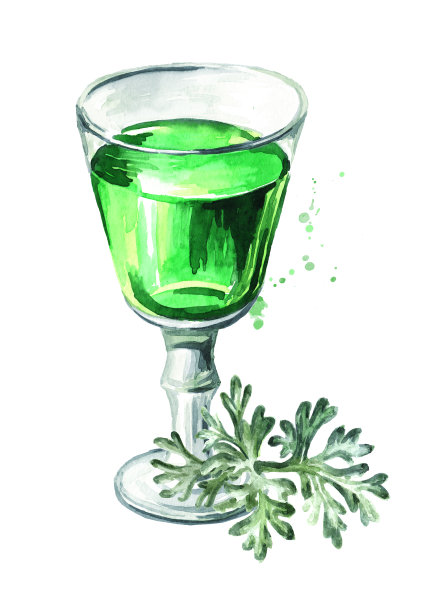 酒饮中有苦艾酒和苦艾叶。苦艾酊。手绘水彩插图孤立的白色背景图片下载