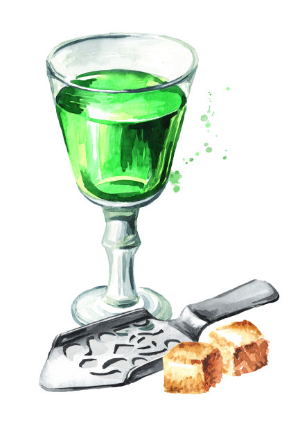 酒精饮料苦艾酒在玻璃杯和勺子与糖，苦艾酊剂。手绘水彩插图孤立的白色背景图片下载