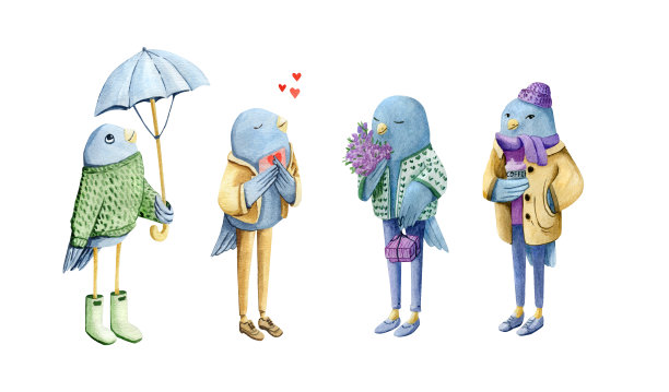 一组可爱的小鸟在情人节的明信片。图片下载