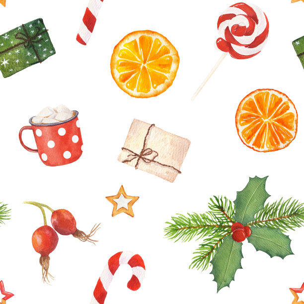 水彩无缝模式与圣诞元素孤立的白色背景。图片下载