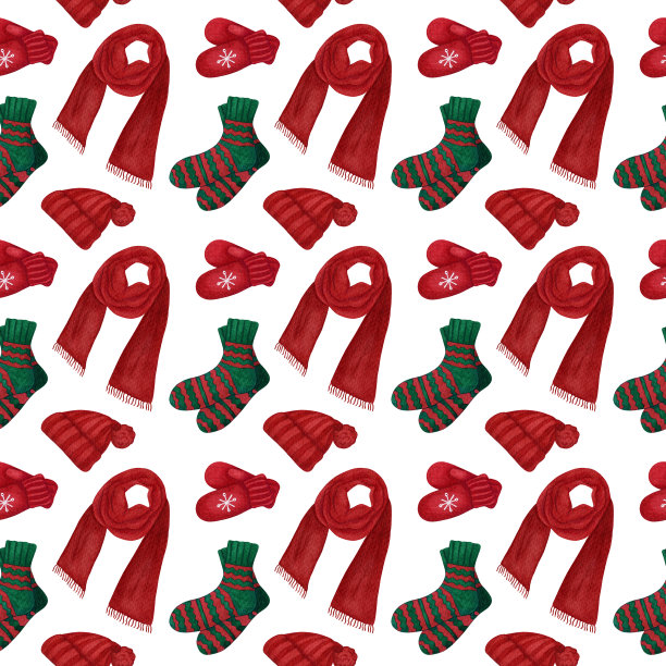 水彩红绿衣服无缝图案，针织配件。温暖的衣服。寒假背景设计，圣诞节装饰图片下载