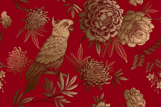 豪华无缝模式。鹦鹉鸟和花园花牡丹。图片下载