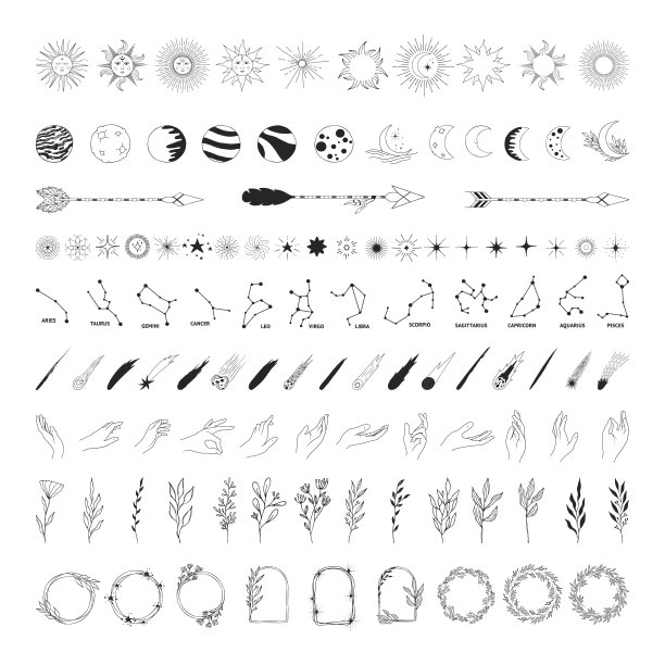大量手绘空间和波西米亚元素。星星，彗星，手，有面的天体太阳，半月，星爆，星座，树枝，行星，箭。草的边界。图片下载