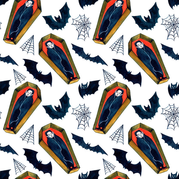 万圣节的无缝图案，棺材里的德古拉，蜘蛛网和蝙蝠。水彩插图上的白色背景。图片下载