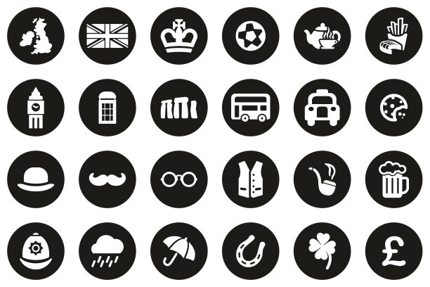 英国国家和文化图标白色在黑色平面设计圈设置大图片下载