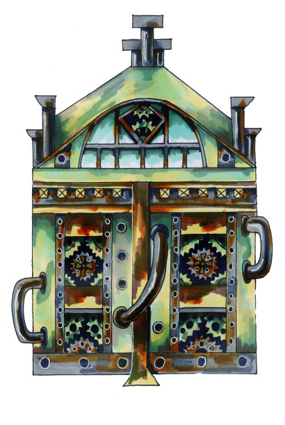 蒸汽朋克的架构。蒸汽朋克风格的房子，带有机械元件、管道和齿轮。由金属、黄铜和钢铁制成的奇妙建筑。手绘水彩素描孤立的白色背景。图片下载