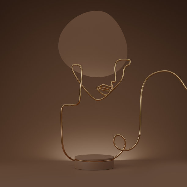 3d基座基座上的棕色背景。黑色的展示与黄金元素的美容产品，化妆品展示。美国黑人女性抽象线条艺术肖像。最小自然3D渲染模型场景图片下载