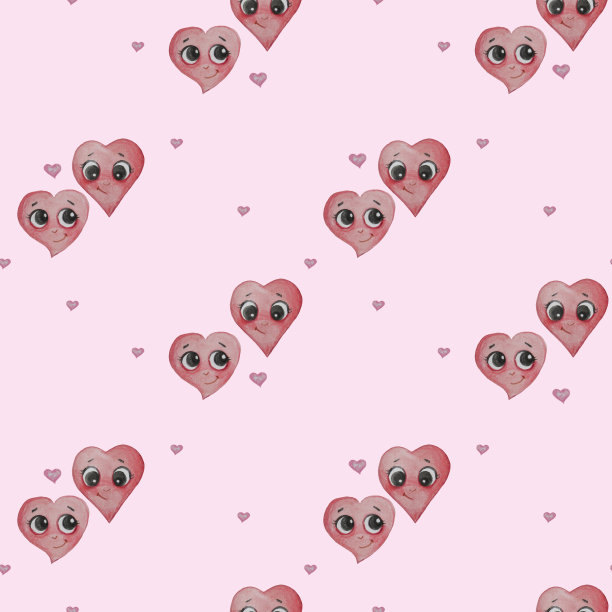 无缝模式。爱和心脏。两个顽皮可爱的心，在粉红色的背景上有脸、眼睛和微笑。水彩。手绘。用于浪漫的设计，装饰，包装和纺织品图片下载