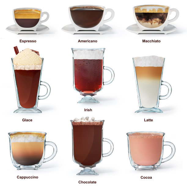 一套垂直切割的杯子与咖啡饮料。浓缩咖啡，美式咖啡，玛奇朵，糖霜，爱尔兰，拿铁，卡布奇诺，巧克力和可可。三维演示图片下载