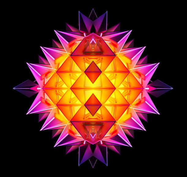 三维渲染抽象艺术与超现实的网络分形对称异形花基于三角形金字塔形状图案在粉红色和橙色梯度金属颜色上孤立的黑色背景图片下载