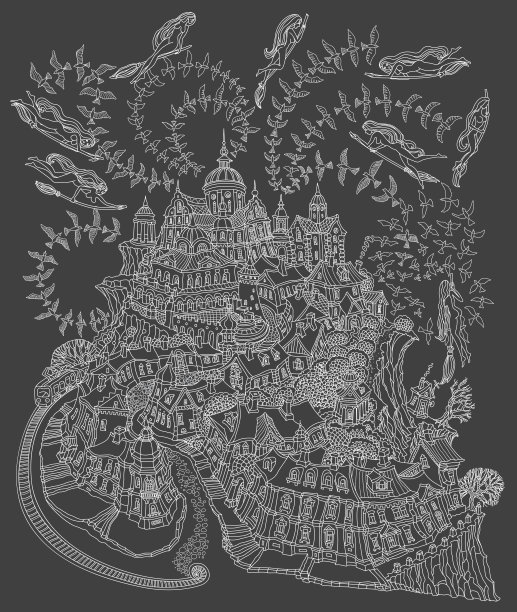 矢量轮廓勾勒出梦幻的风景，童话小镇上中世纪的小城堡，女巫骑着扫帚飞向安息日。黑白T恤印花，万圣节派对请帖图片下载