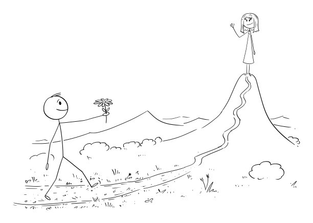 矢量卡通插图的男人在爱与花散步遇见他的女孩或女人。浪漫、约会和情人节。图片下载