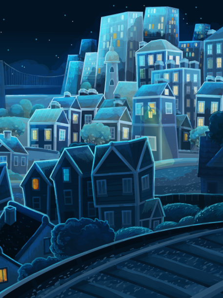 卡通场景在城市郊区的夜晚插图图片下载