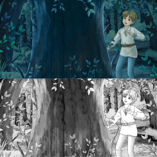 卡通场景与素描与快乐的小男孩、王子或农民在森林中夜间旅行插图图片下载