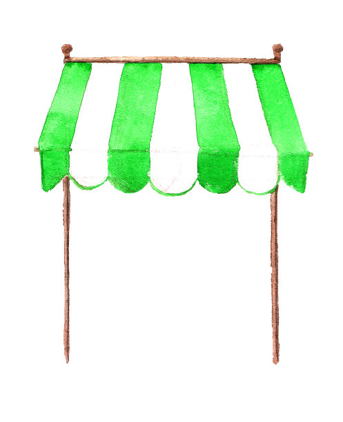 绿色和白色条纹遮阳篷为商店，咖啡馆，街头餐厅，市场。一个物体，正面。一幅手绘水彩素描，是设计装饰的剪贴艺术的裁剪元素。水彩画的树冠白绿色图片下载