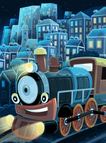 卡通场景在城市郊区与火车夜间插图图片下载