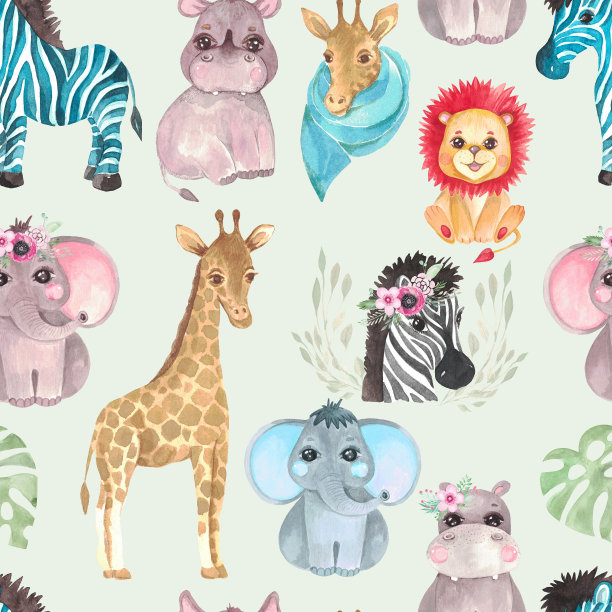 无缝的Safari动物和花卉在绿色的背景水彩插图设计的一个孩子长颈鹿斑马大象河马犀牛图片下载