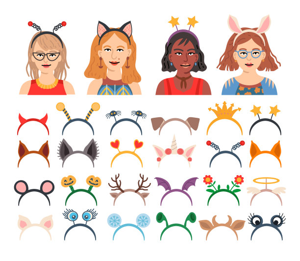 化妆舞会头部装饰和面具集。矢量插图。卡通发带图片下载