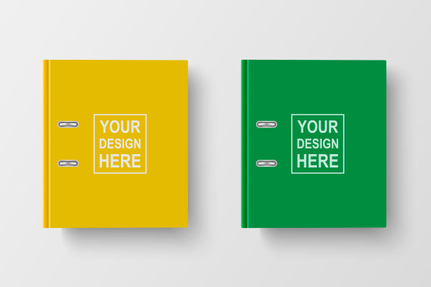 矢量3d封闭现实黄色和绿色空白办公室活页夹与金属环A4纸特写孤立在白色背景。设计模板，模型，顶部视图图片下载