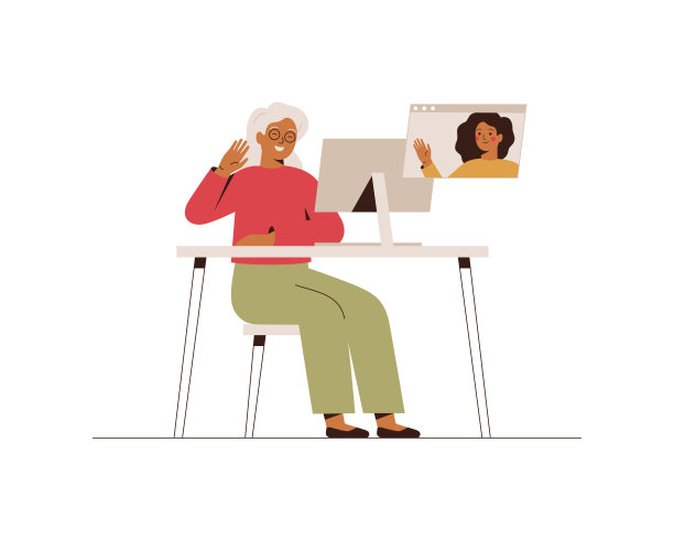 一位年长的女士正在和她成年的女儿视频通话。快乐的奶奶在电脑前和她的孙子在线聊天。图片下载