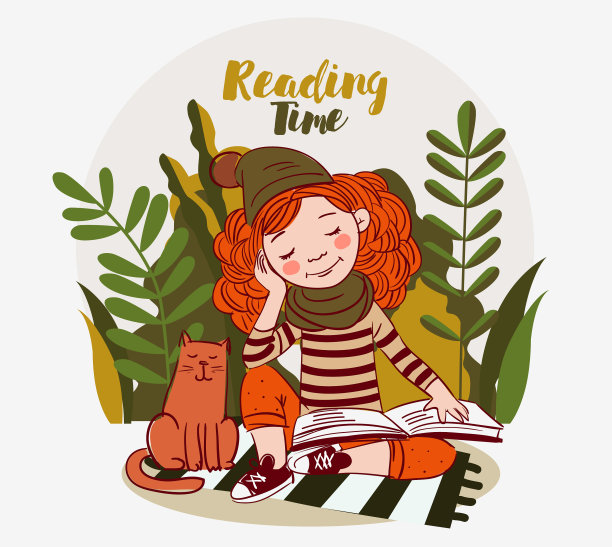 可爱的女孩和猫在公园里。女孩在看书。自然环境背景图片下载