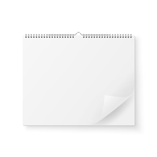 矢量3d现实纸白色空白墙壁日历与春天图标和折叠页特写孤立在白色背景。副本的空间。设计模板，模型，顶部视图图片下载