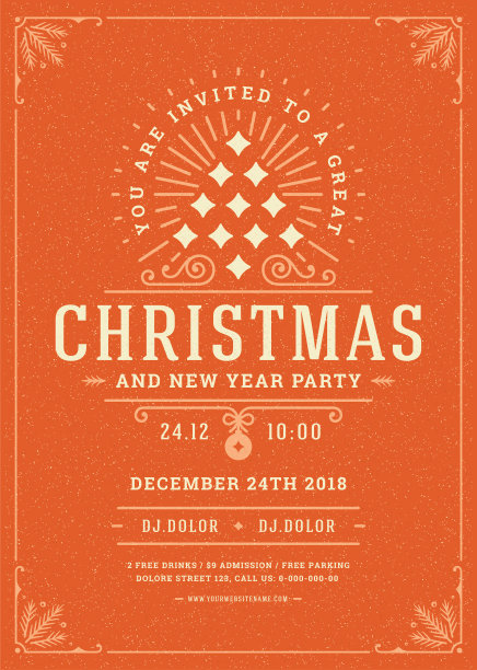圣诞派对邀请复古的排版和装饰元素图片下载
