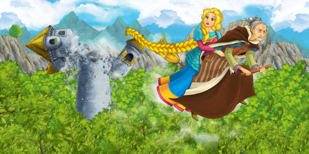 公主和可怕的女巫在魔法扫帚上飞行的卡通场景-插图图片下载