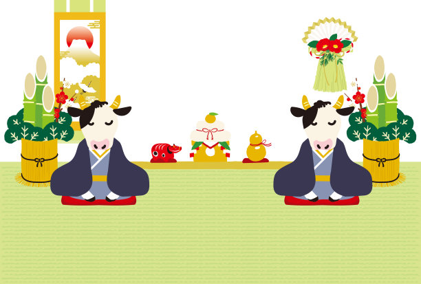 2021牛新年贺卡。奶牛在日式的房间里给大家拜年图片下载