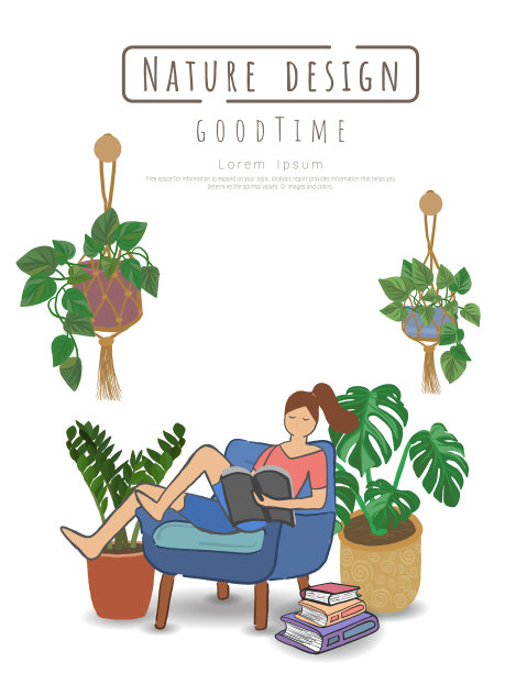 盆栽植物和女人在白色背景上阅读一本书。图片下载