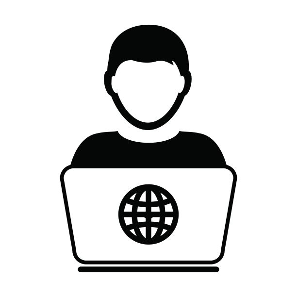 自由职业图标矢量人物，使用笔记本电脑的男性用户个人资料头像地球符号，扁平彩色字形图图片下载