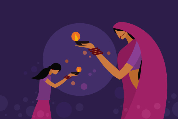 母亲和女儿穿着传统服装，手持排灯节的灯。印度排灯节的概念图片下载