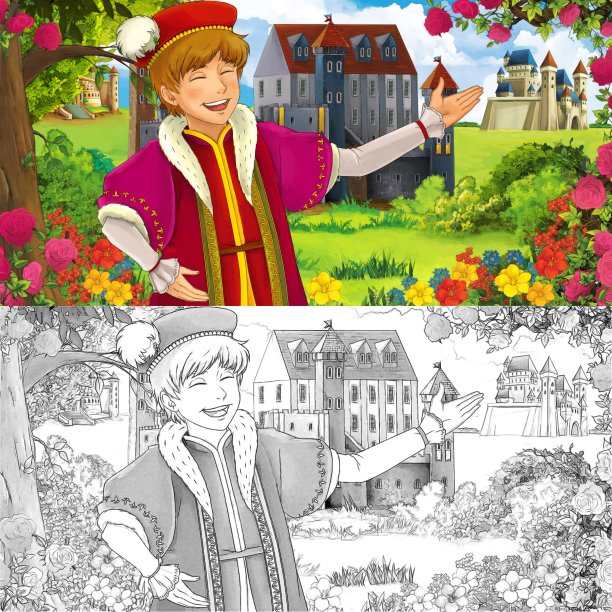 卡通夏季场景与素描与通往王国城堡的道路与王子-插图图片下载