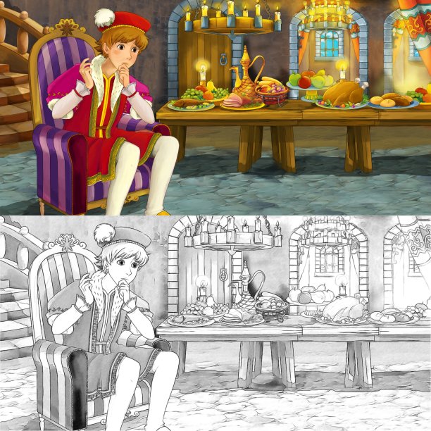 卡通童话场景与小品与王子在摆满食物的餐桌-插图图片下载