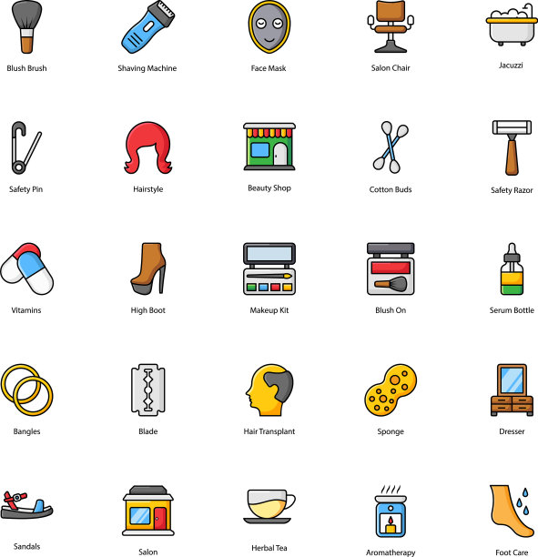 美容和卫生工具平面图标包图片下载