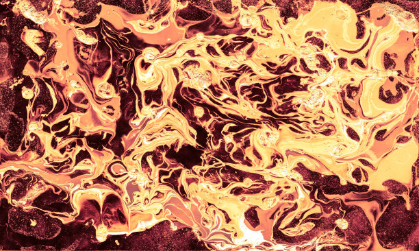 郁郁葱葱的熔岩创意混合水彩，棕色时尚背景。红色染色液体洗涤，丙烯酸流，暗火艺术，橙色现代复古织物。图片下载