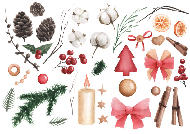 水彩圣诞元素集。玩具，云杉枝，橘子，肉桂，蝴蝶结，球果，棉花，树枝，浆果。图片下载