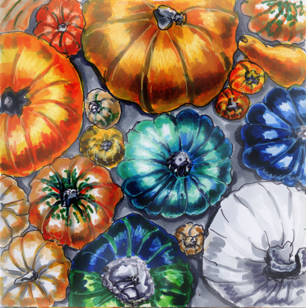 美丽的背景与彩色的南瓜。从上往下看。南瓜在桌子上。健康食品。舒适的秋天。水彩插图设计，书籍。水彩南瓜。万圣节打印图片下载