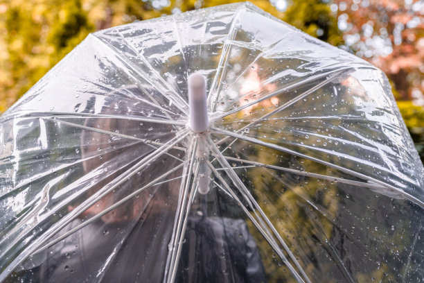 秋天。一个戴着耳机的孤独悲伤女人在公园里散步。透过湿漉漉的透明雨伞看雨点。雨天的风景。复古的图片下载