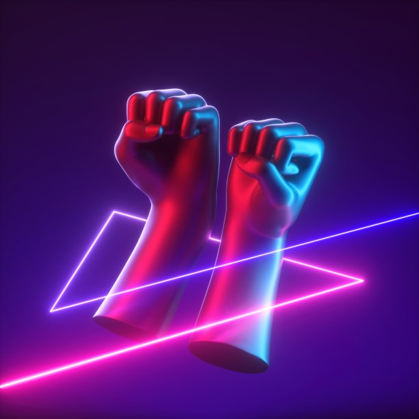 3d渲染，抽象的人体模型的手与几何纠缠霓虹线图片下载