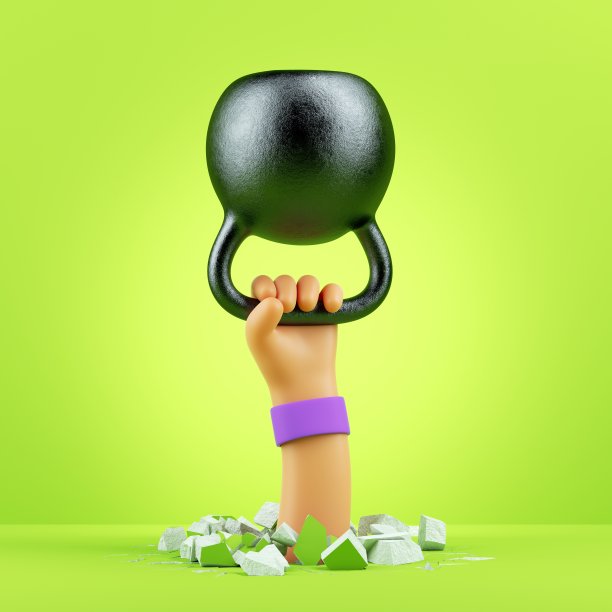 3d渲染，卡通人物手持重物，孤立在绿色背景与破碎的地板。在家举重。健身锻炼，运动动机剪辑艺术图片下载