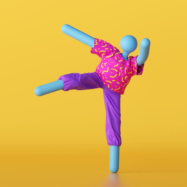3d渲染，抽象卡通人物穿着粉红色的紫色衣服孤立在黄色的背景。玩具没有脸空白模型。滑稽跳舞的蓝色假人娃娃，现代简约设计。图片下载